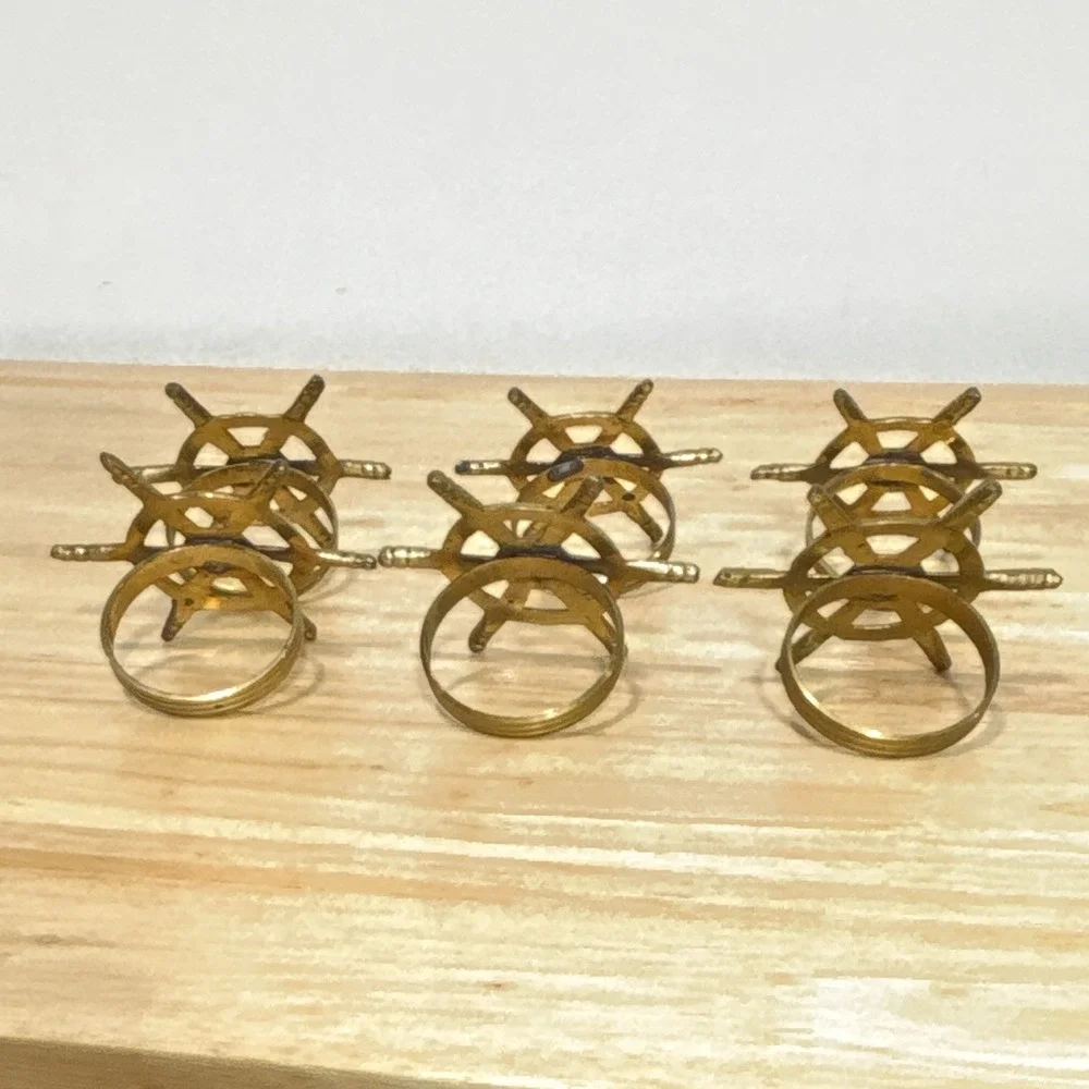 6 Brass Metal Ship Wheel Napkin Rings Nautical Decorative Table Decor Gold Tone